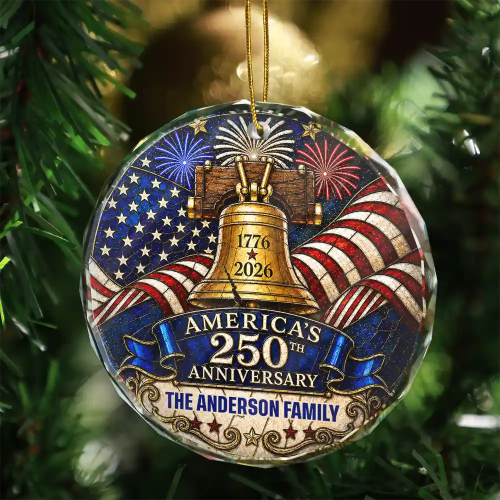 Independence Day, America 250th, Christmas, Proud, Family, Custom Text - Celebrate Christmas 250th Anniversary Of America - Personalized Circle Glass Ornament