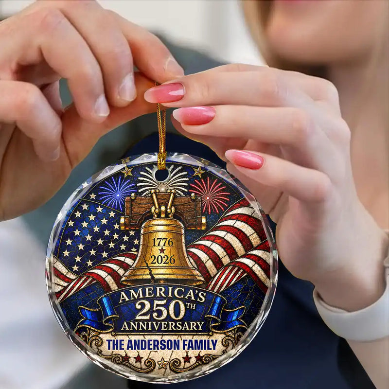 Independence Day, America 250th, Christmas, Proud, Family, Custom Text - Celebrate Christmas 250th Anniversary Of America - Personalized Circle Glass Ornament