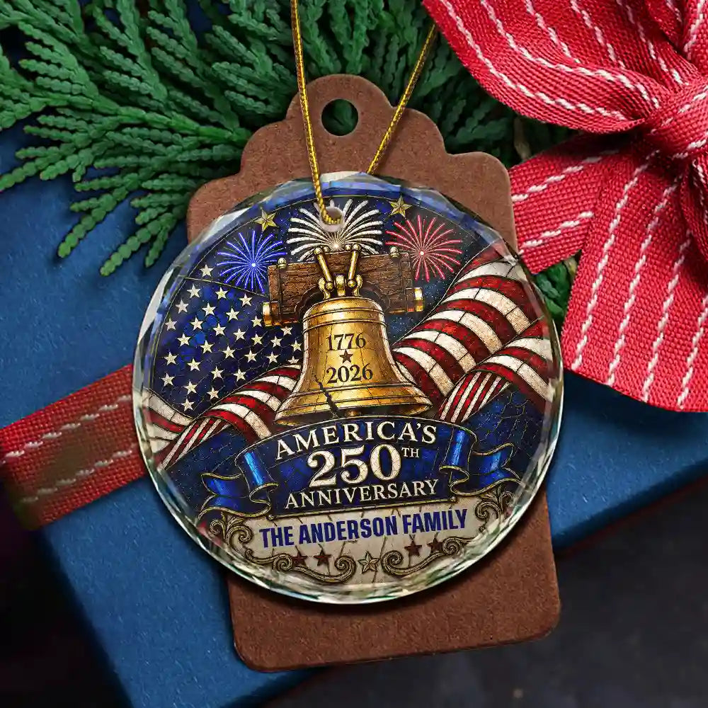 Independence Day, America 250th, Christmas, Proud, Family, Custom Text - Celebrate Christmas 250th Anniversary Of America - Personalized Circle Glass Ornament