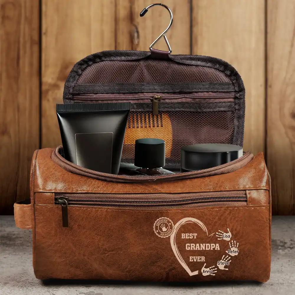 Gift For Yourself, Gift For Women, Gift For Men, Gift For Grandpa, Gift For Father, Love - Monogram Family Name - Personalized Leather Toiletry Bag