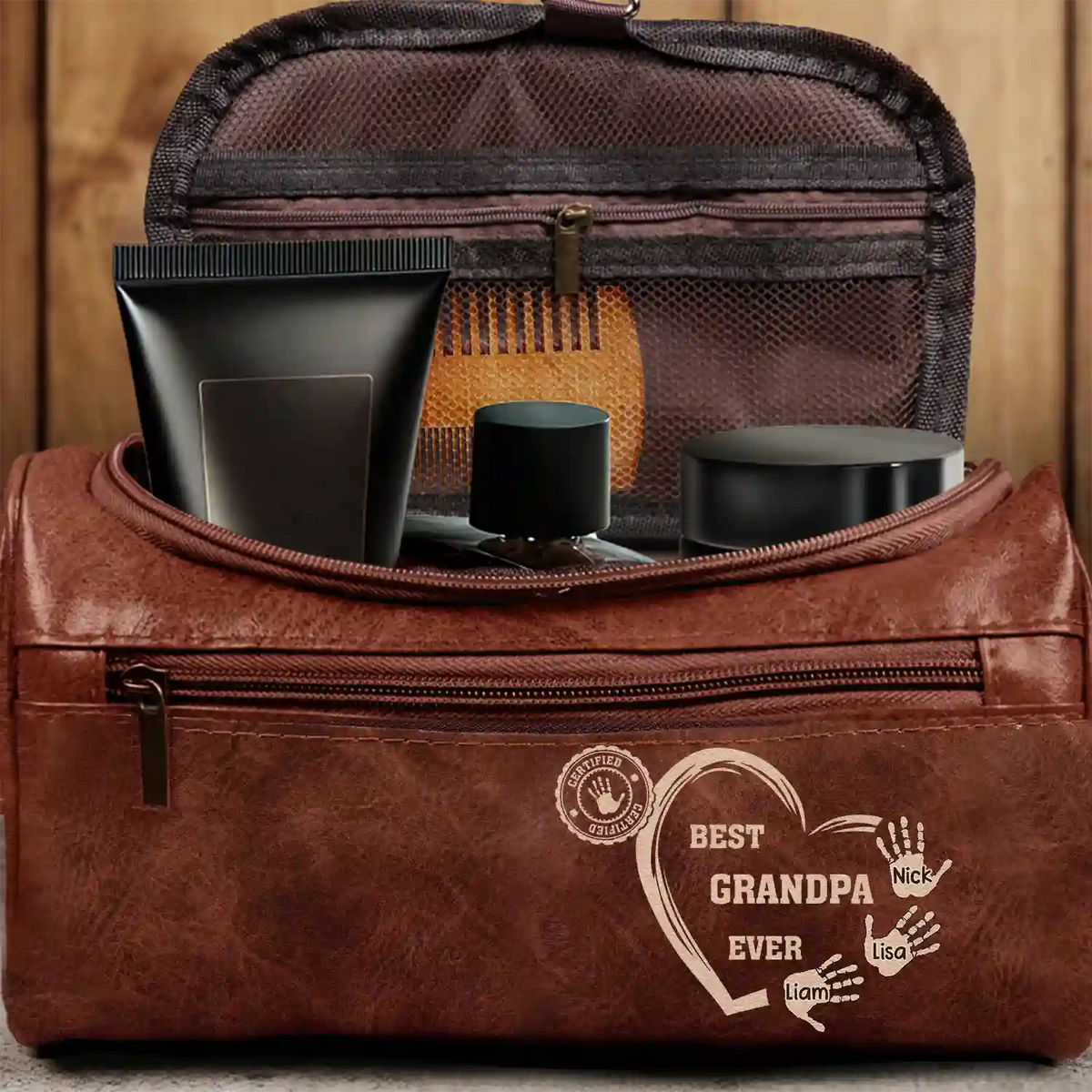 Gift For Yourself, Gift For Women, Gift For Men, Gift For Grandpa, Gift For Father, Love - Monogram Family Name - Personalized Leather Toiletry Bag