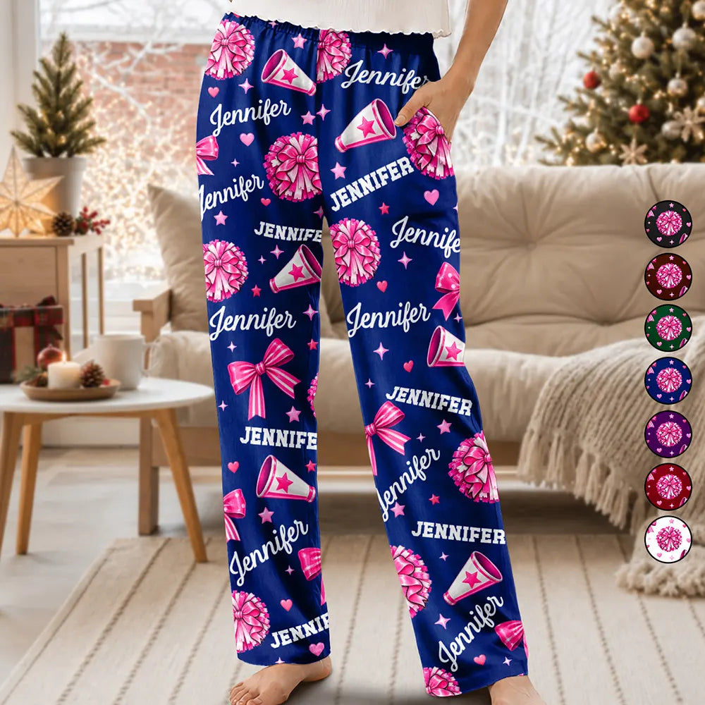 Christmas,Gift For Women,Gift For Yourself,Gifts For Her,Happy,Icon - Cheer Gift For Teen Girls - Personalized Name Pink Bow Megaphone Pajama Pants