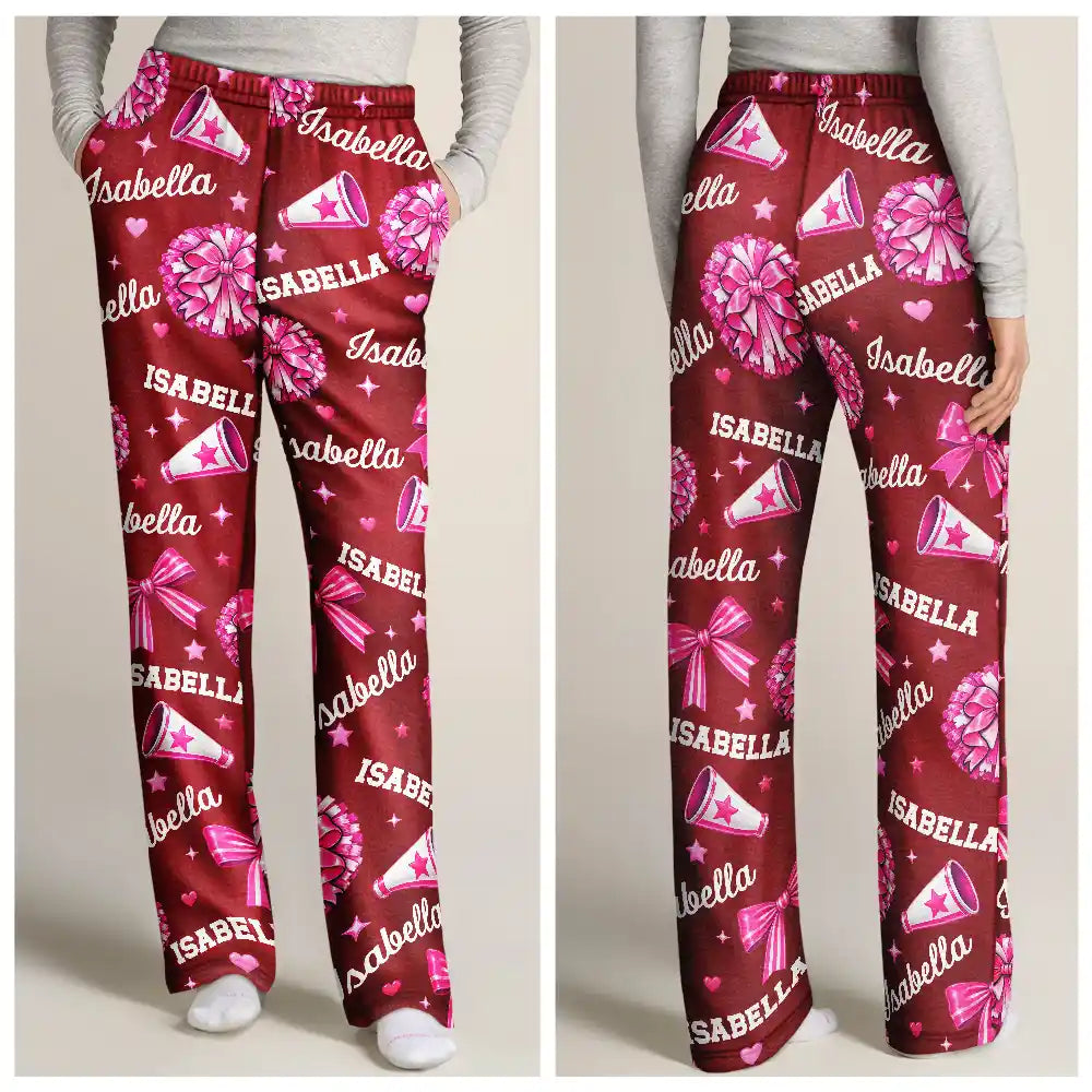 Christmas,Gift For Women,Gift For Yourself,Gifts For Her,Happy,Icon - Cheer Gift For Teen Girls - Personalized Name Pink Bow Megaphone Pajama Pants