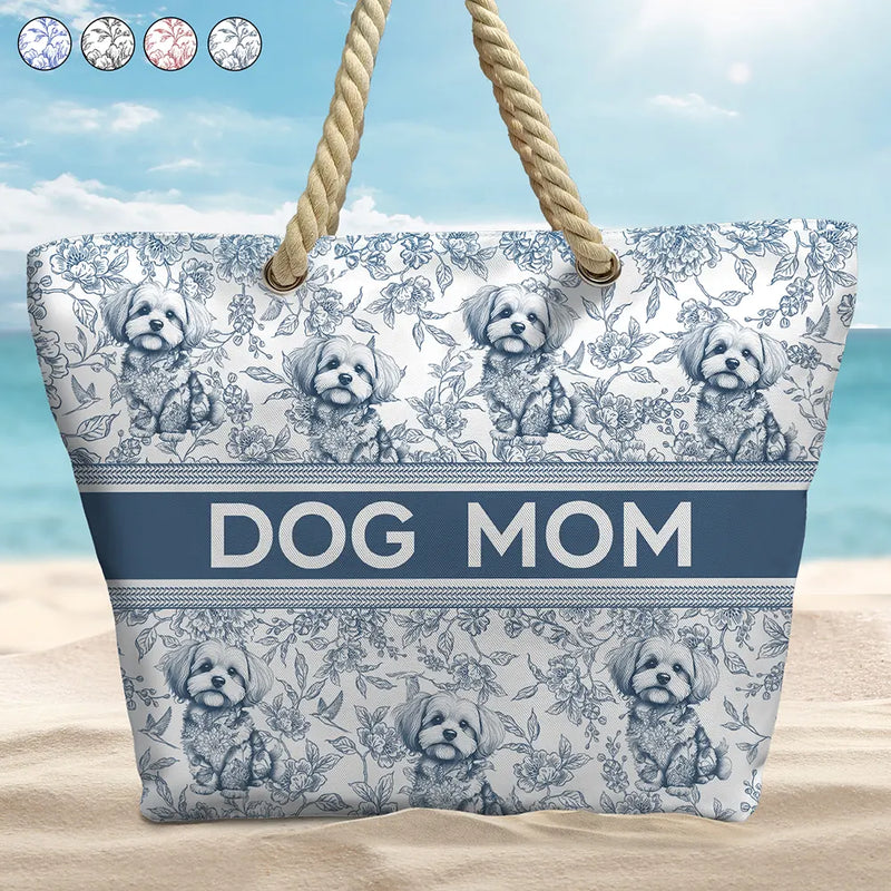Summer,Happy,Dog Lovers,Dog Mom,Cat Lovers,Pet Lovers - Chinoiserie Toile Dog Cat - Personalized Beach Bag