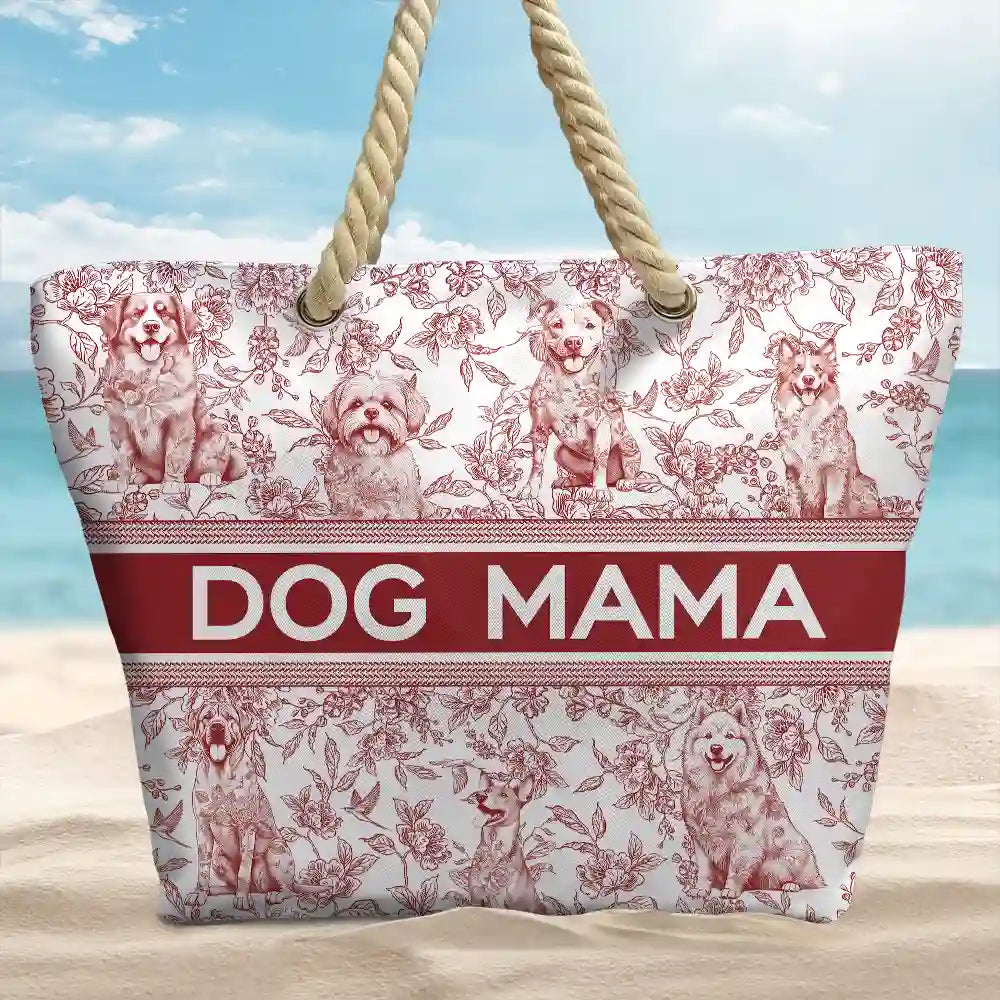 Summer,Happy,Dog Lovers,Dog Mom,Cat Lovers,Pet Lovers - Chinoiserie Toile Dog Cat - Personalized Beach Bag