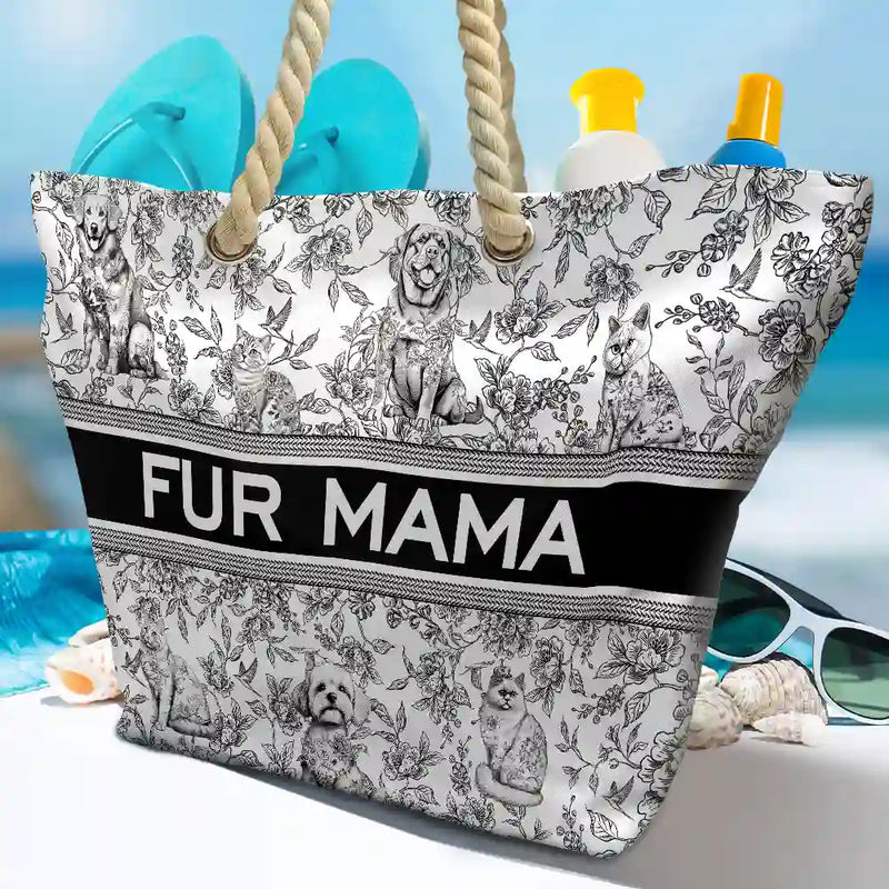 Summer,Happy,Dog Lovers,Dog Mom,Cat Lovers,Pet Lovers - Chinoiserie Toile Dog Cat - Personalized Beach Bag