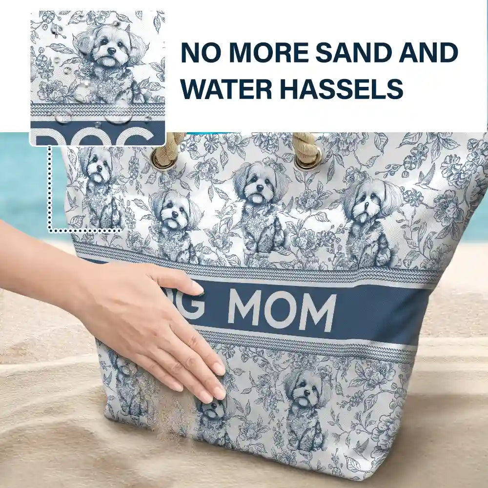 Summer,Happy,Dog Lovers,Dog Mom,Cat Lovers,Pet Lovers - Chinoiserie Toile Dog Cat - Personalized Beach Bag