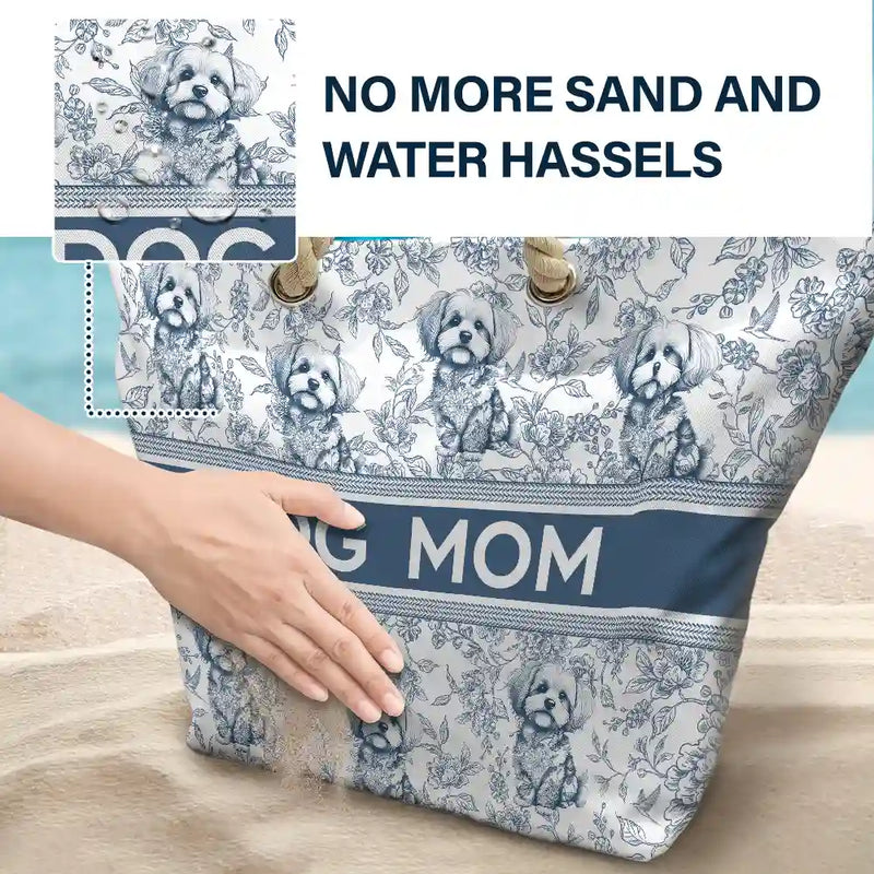 Summer,Happy,Dog Lovers,Dog Mom,Cat Lovers,Pet Lovers - Chinoiserie Toile Dog Cat - Personalized Beach Bag