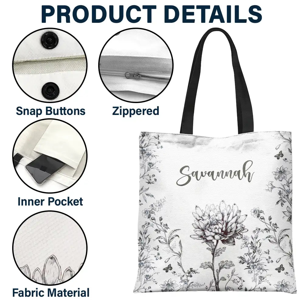 Back To School,Teacher - Chinoiserie Toile Art With Birth Month Flower - Personalized Tote Bag