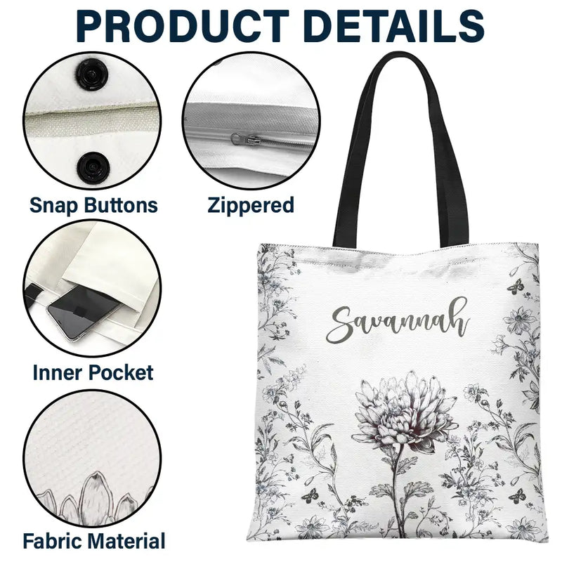 Back To School,Teacher - Chinoiserie Toile Art With Birth Month Flower - Personalized Tote Bag