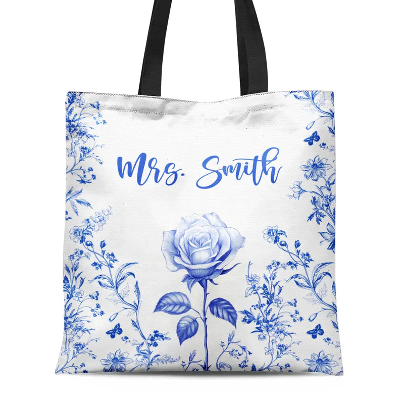 Back To School,Teacher - Chinoiserie Toile Art With Birth Month Flower - Personalized Tote Bag