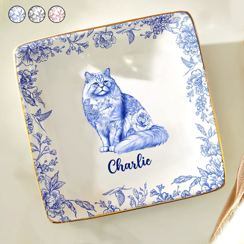 Cat Lovers,Cat Mom,Pet Lovers - Chinoiserie Toile Cat - Personalized Ring Dish