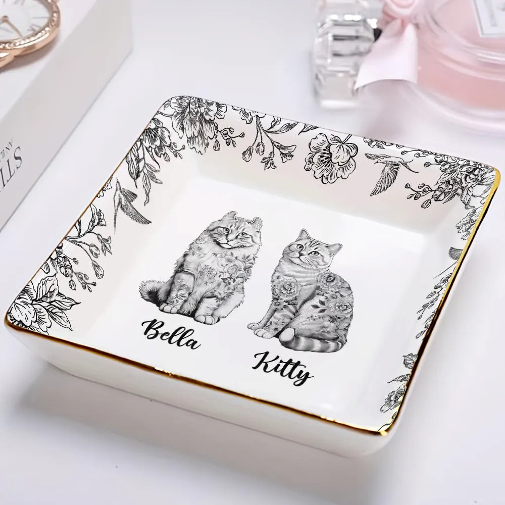 Cat Lovers,Cat Mom,Pet Lovers - Chinoiserie Toile Cat - Personalized Ring Dish