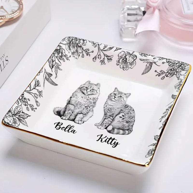 Cat Lovers,Cat Mom,Pet Lovers - Chinoiserie Toile Cat - Personalized Ring Dish