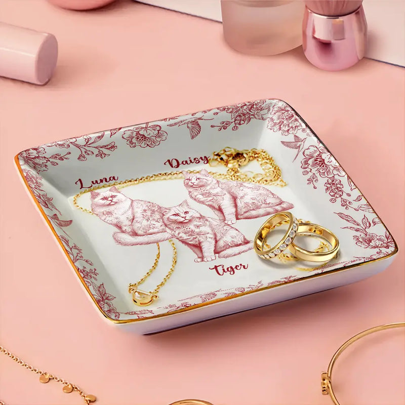 Cat Lovers,Cat Mom,Pet Lovers - Chinoiserie Toile Cat - Personalized Ring Dish