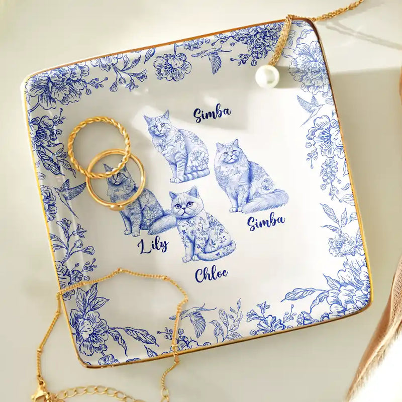 Cat Lovers,Cat Mom,Pet Lovers - Chinoiserie Toile Cat - Personalized Ring Dish