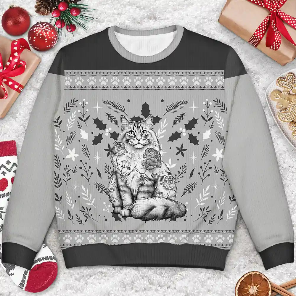 Pet Lovers, Pet Mom, Pet Dad, Cat Lovers, Cat Mom, Cat Dad, Christmas, Love - Chinoiserie Toile De Jouy Cat - Personalized Unisex Ugly Sweater