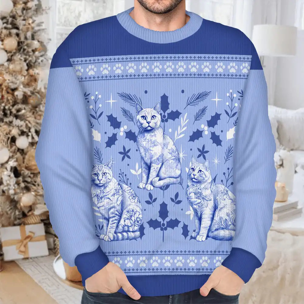 Pet Lovers, Pet Mom, Pet Dad, Cat Lovers, Cat Mom, Cat Dad, Christmas, Love - Chinoiserie Toile De Jouy Cat - Personalized Unisex Ugly Sweater