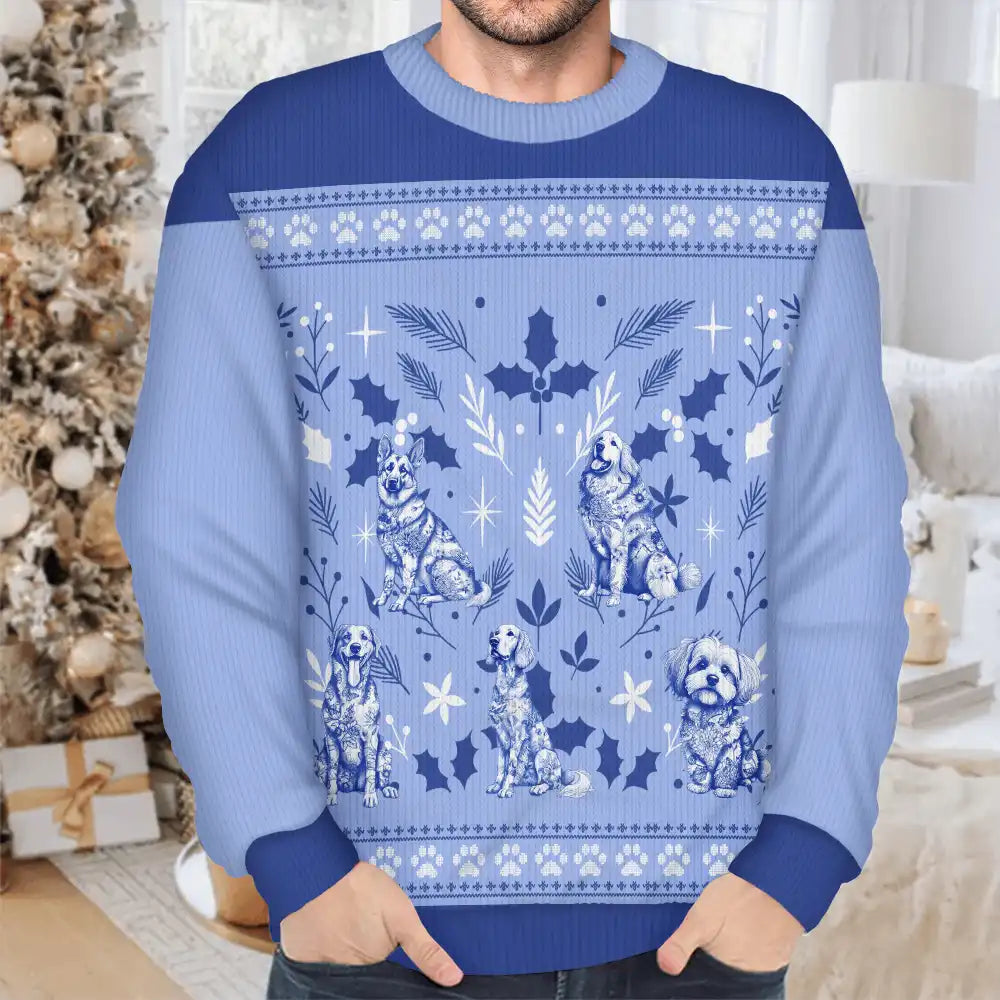 Pet Lovers,Pet Mom,Pet Dad,Dog Lovers,Dog Mom,Dog Dad,Christmas,Love - Chinoiserie Toile De Jouy Dog - Personalized Unisex Ugly Sweater