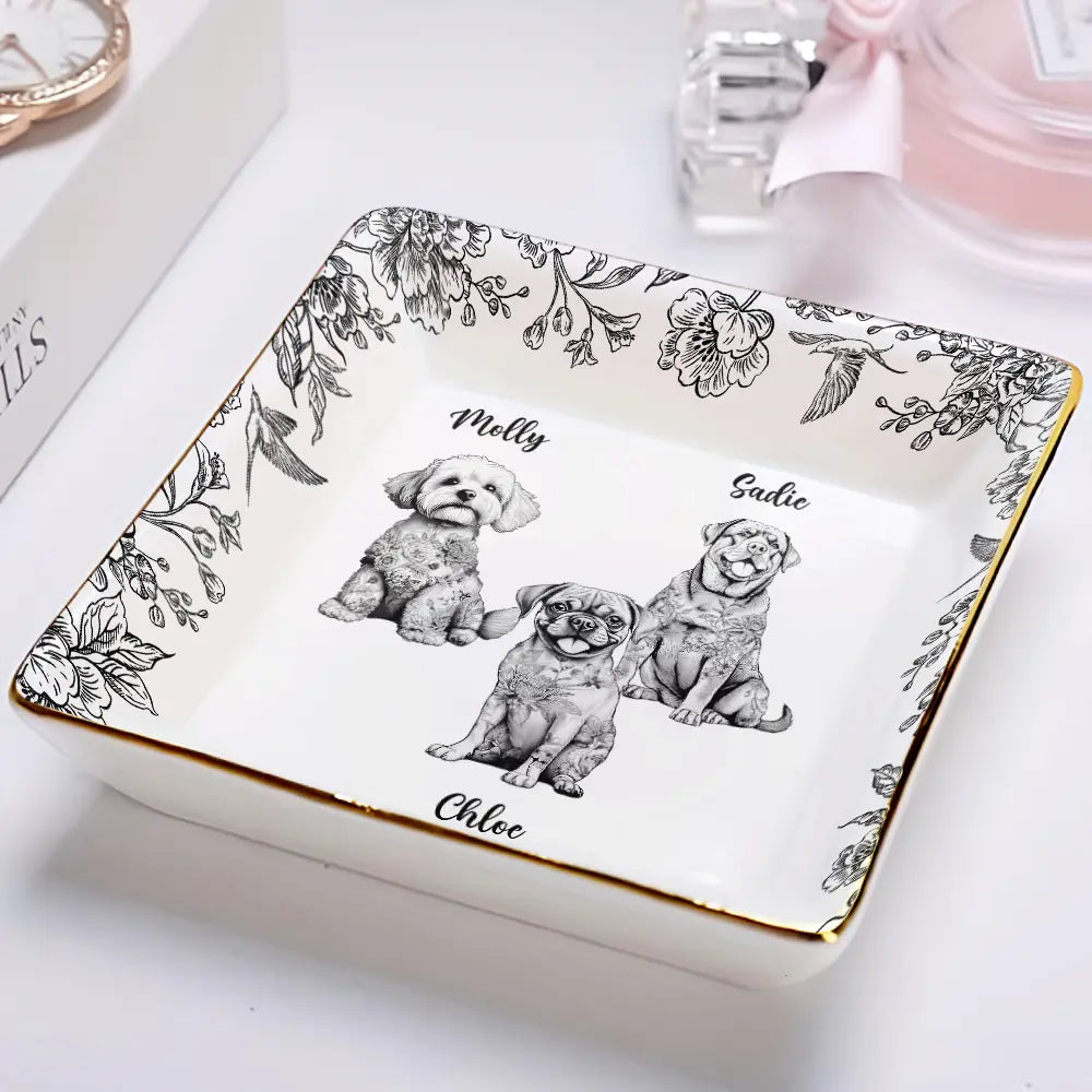 Dog Lovers, Pet Lovers, Happy - Chinoiserie Toile Dog - Personalized Ring Dish