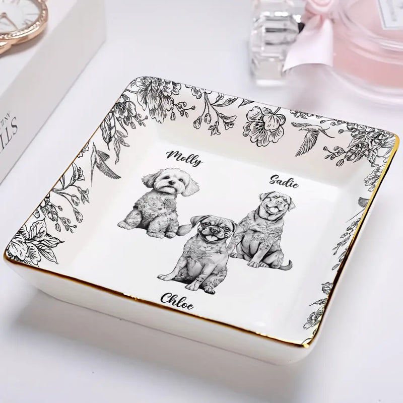 Dog Lovers, Pet Lovers, Happy - Chinoiserie Toile Dog - Personalized Ring Dish