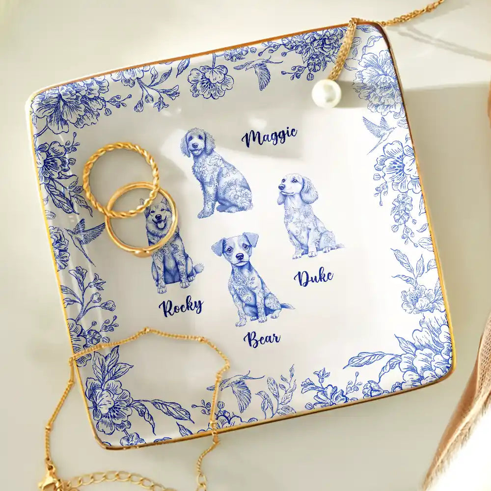 Dog Lovers, Pet Lovers, Happy - Chinoiserie Toile Dog - Personalized Ring Dish