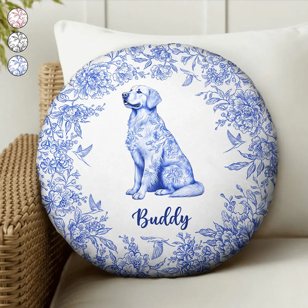 Dog Lovers, Pet Lovers, Happy - Chinoiserie Toile Dog - Personalized Round Pillow