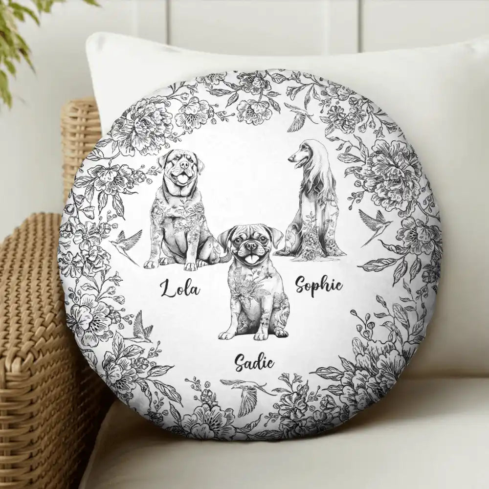 Dog Lovers, Pet Lovers, Happy - Chinoiserie Toile Dog - Personalized Round Pillow