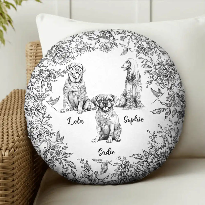Dog Lovers, Pet Lovers, Happy - Chinoiserie Toile Dog - Personalized Round Pillow