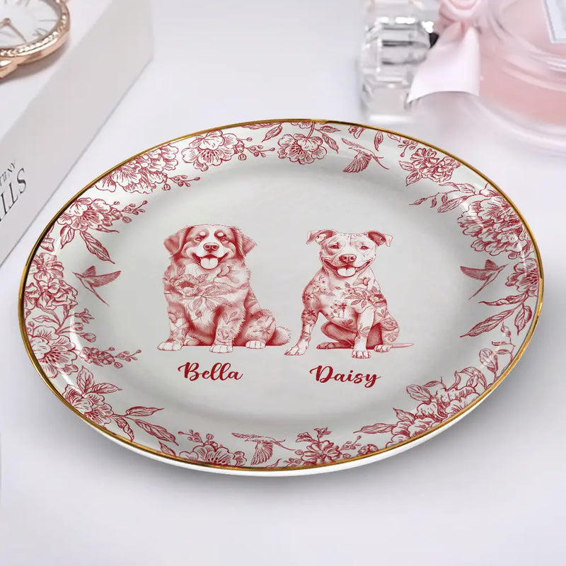 Dog Lovers, Pet Lovers, Happy - Chinoiserie Toile Dog - Personalized Round Ring Dish