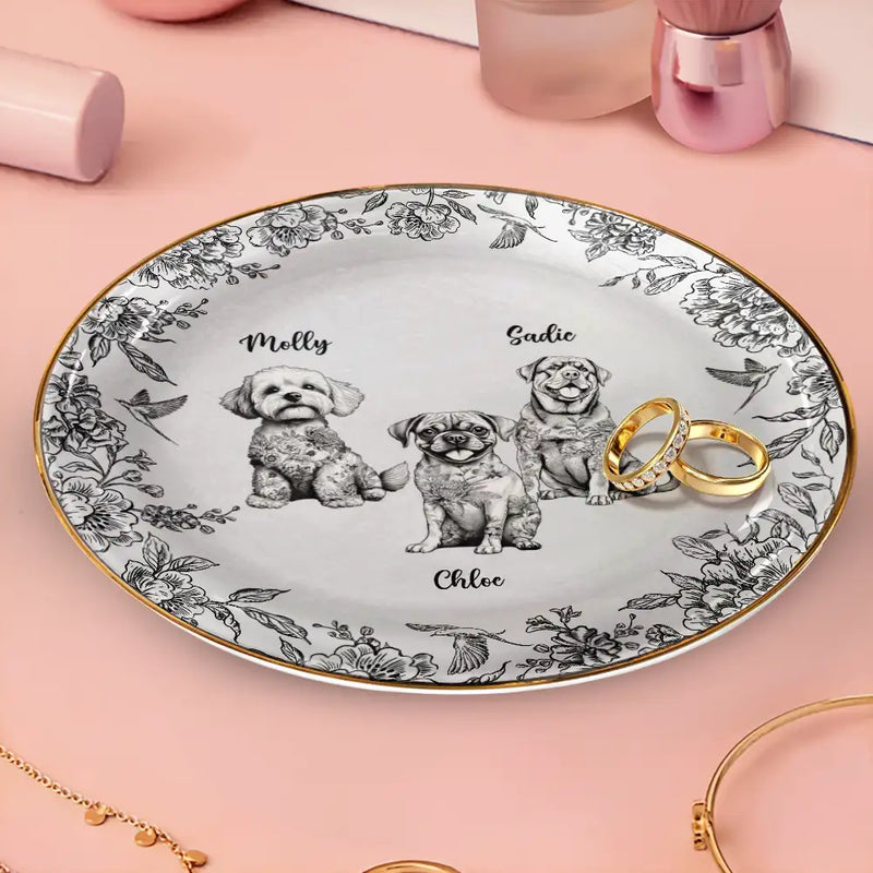 Dog Lovers, Pet Lovers, Happy - Chinoiserie Toile Dog - Personalized Round Ring Dish
