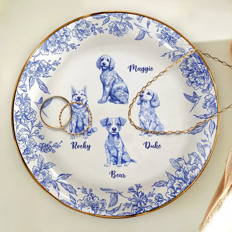 Dog Lovers, Pet Lovers, Happy - Chinoiserie Toile Dog - Personalized Round Ring Dish