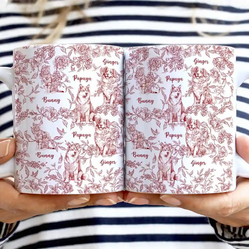 Dog Lovers,Cat Lovers,Pet Lovers,Happy - Chinoiserie Toile Dog Cat - Personalized White Edge-to-Edge Mug