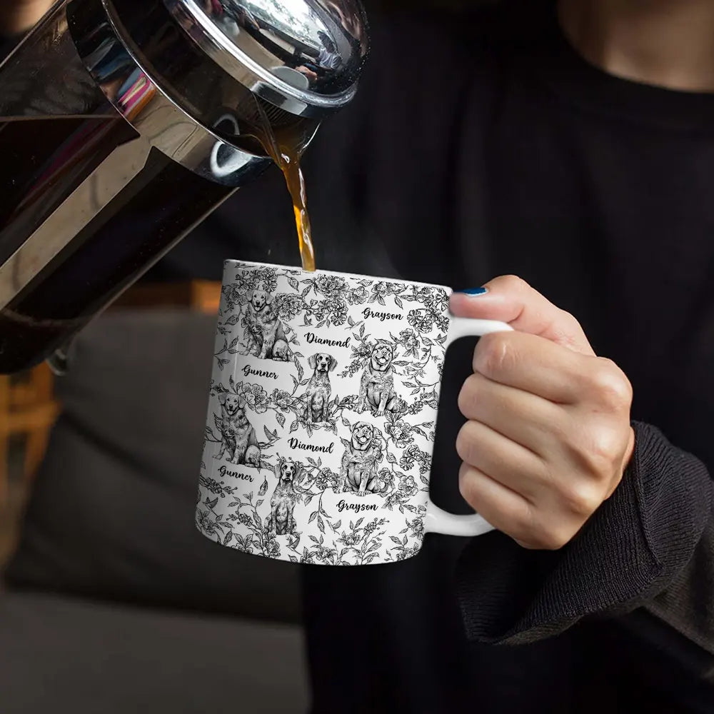 Dog Lovers,Cat Lovers,Pet Lovers,Happy - Chinoiserie Toile Dog Cat - Personalized White Edge-to-Edge Mug