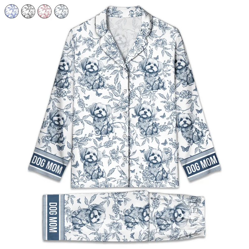 Happy,Dog Lovers,Dog Mom,Cat Lovers,Pet Lovers - Chinoiserie Toile Dog Mom - Personalized Long Pajamas Set