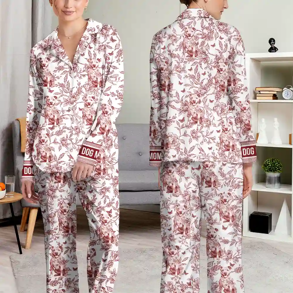 Happy,Dog Lovers,Dog Mom,Cat Lovers,Pet Lovers - Chinoiserie Toile Dog Mom - Personalized Long Pajamas Set