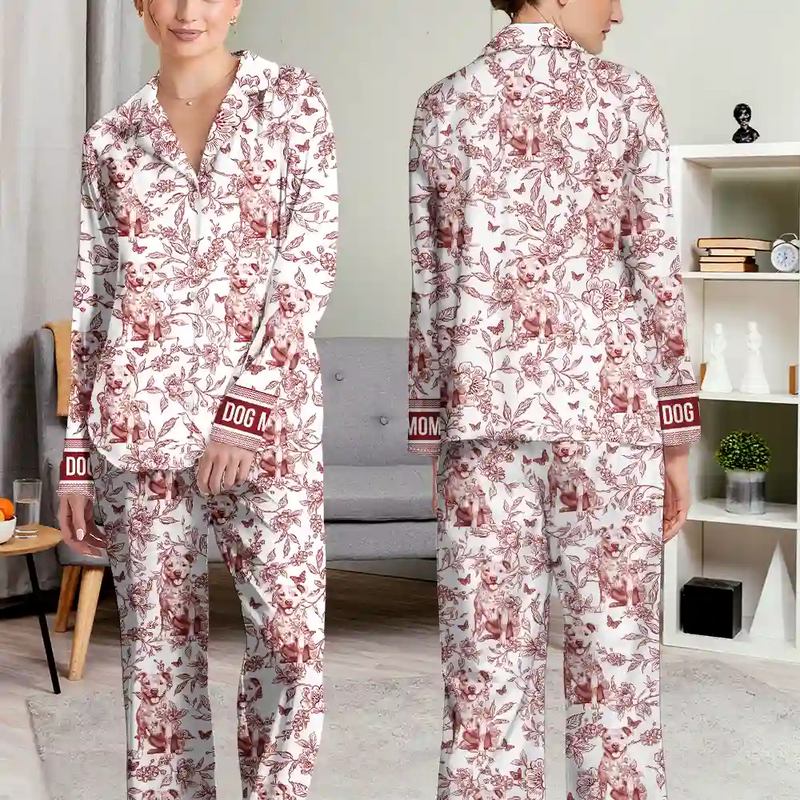 Happy,Dog Lovers,Dog Mom,Cat Lovers,Pet Lovers - Chinoiserie Toile Dog Mom - Personalized Long Pajamas Set