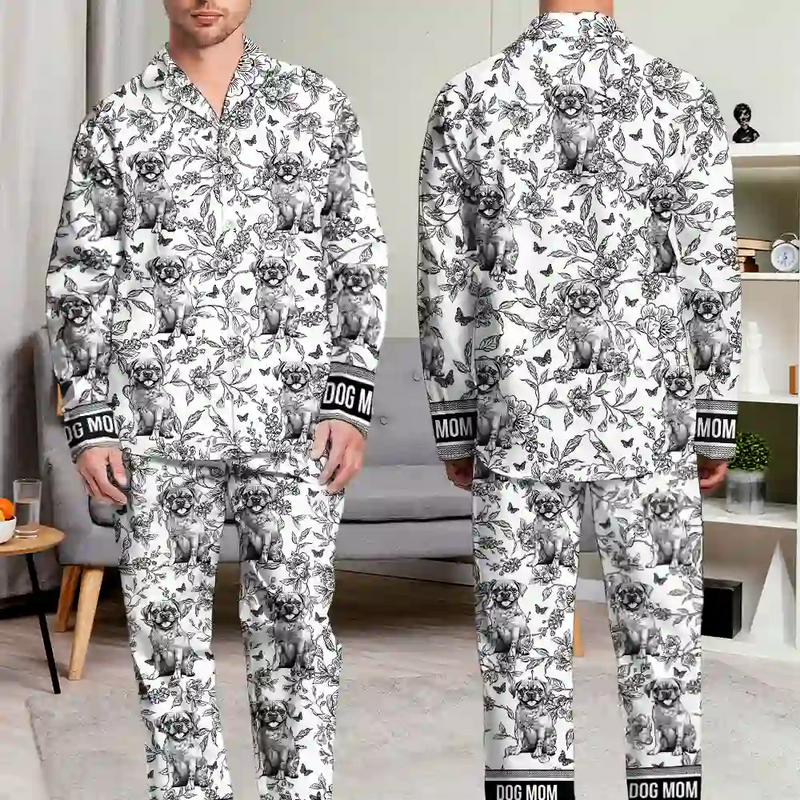 Happy,Dog Lovers,Dog Mom,Cat Lovers,Pet Lovers - Chinoiserie Toile Dog Mom - Personalized Long Pajamas Set