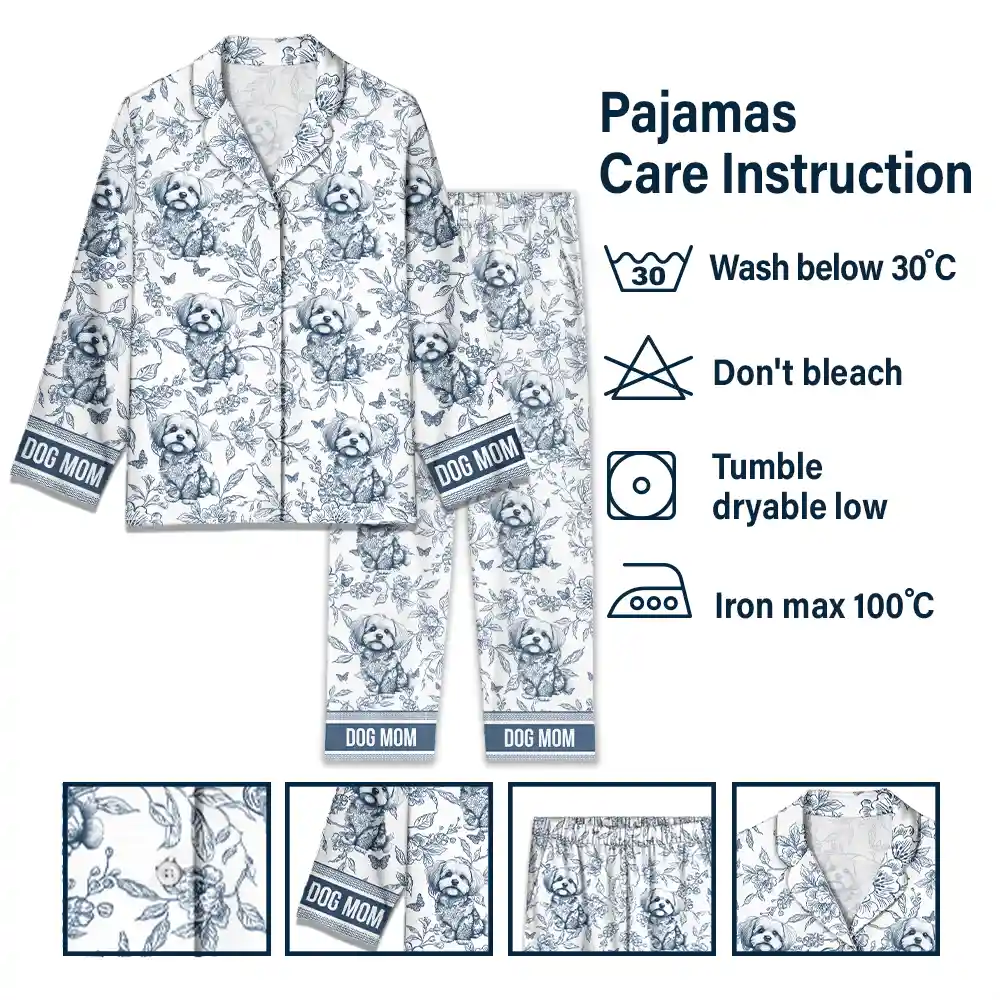 Happy,Dog Lovers,Dog Mom,Cat Lovers,Pet Lovers - Chinoiserie Toile Dog Mom - Personalized Long Pajamas Set
