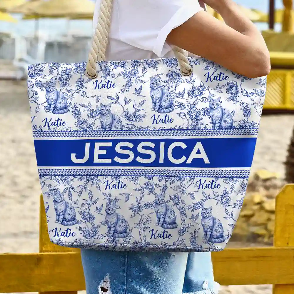 Summer, Gift For Wife, Gift For Girlfriend, Gift For Women, Gift For Yourself, Dog Lovers, Dog Mom, Happy, Cat Lovers, Pet Lovers, Beach - Chinoiserie Toile Dog Mom Cat Mom - Personalized Beach Bag