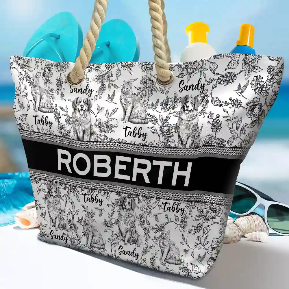 Summer, Gift For Wife, Gift For Girlfriend, Gift For Women, Gift For Yourself, Dog Lovers, Dog Mom, Happy, Cat Lovers, Pet Lovers, Beach - Chinoiserie Toile Dog Mom Cat Mom - Personalized Beach Bag