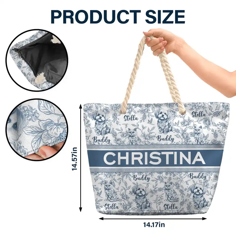 Summer, Gift For Wife, Gift For Girlfriend, Gift For Women, Gift For Yourself, Dog Lovers, Dog Mom, Happy, Cat Lovers, Pet Lovers, Beach - Chinoiserie Toile Dog Mom Cat Mom - Personalized Beach Bag