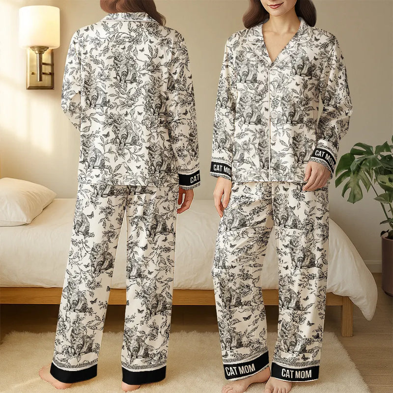 Dog Lovers, Cat Lovers, Dog Mom, Cat Mom, Happy, Gift For Women, Gift For Yourself - Chinoiserie Toile Dog Mom Cat Mom - Personalized Satin Pajama Set