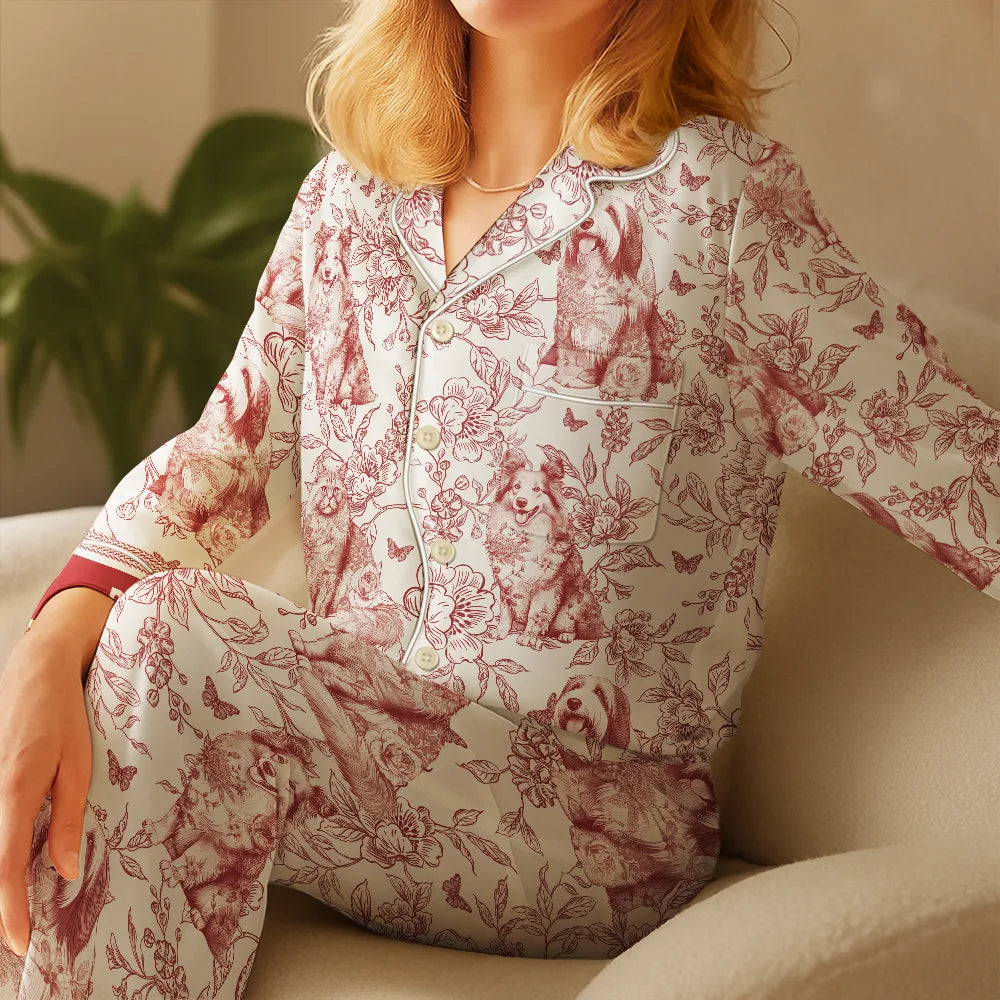 Dog Lovers, Cat Lovers, Dog Mom, Cat Mom, Happy, Gift For Women, Gift For Yourself - Chinoiserie Toile Dog Mom Cat Mom - Personalized Satin Pajama Set