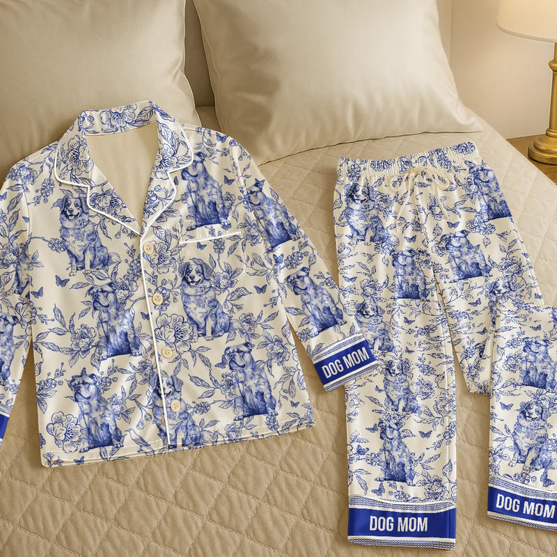 Dog Lovers, Cat Lovers, Dog Mom, Cat Mom, Happy, Gift For Women, Gift For Yourself - Chinoiserie Toile Dog Mom Cat Mom - Personalized Satin Pajama Set