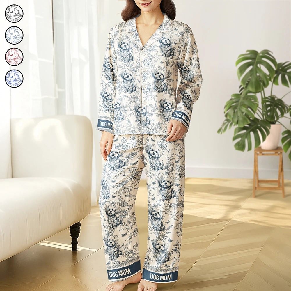 Dog Lovers, Cat Lovers, Dog Mom, Cat Mom, Happy, Gift For Women, Gift For Yourself - Chinoiserie Toile Dog Mom Cat Mom - Personalized Satin Pajama Set