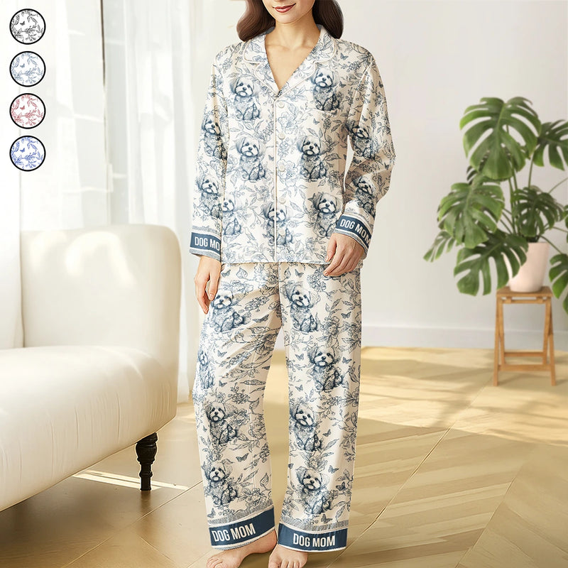 Dog Lovers, Cat Lovers, Dog Mom, Cat Mom, Happy, Gift For Women, Gift For Yourself - Chinoiserie Toile Dog Mom Cat Mom - Personalized Satin Pajama Set