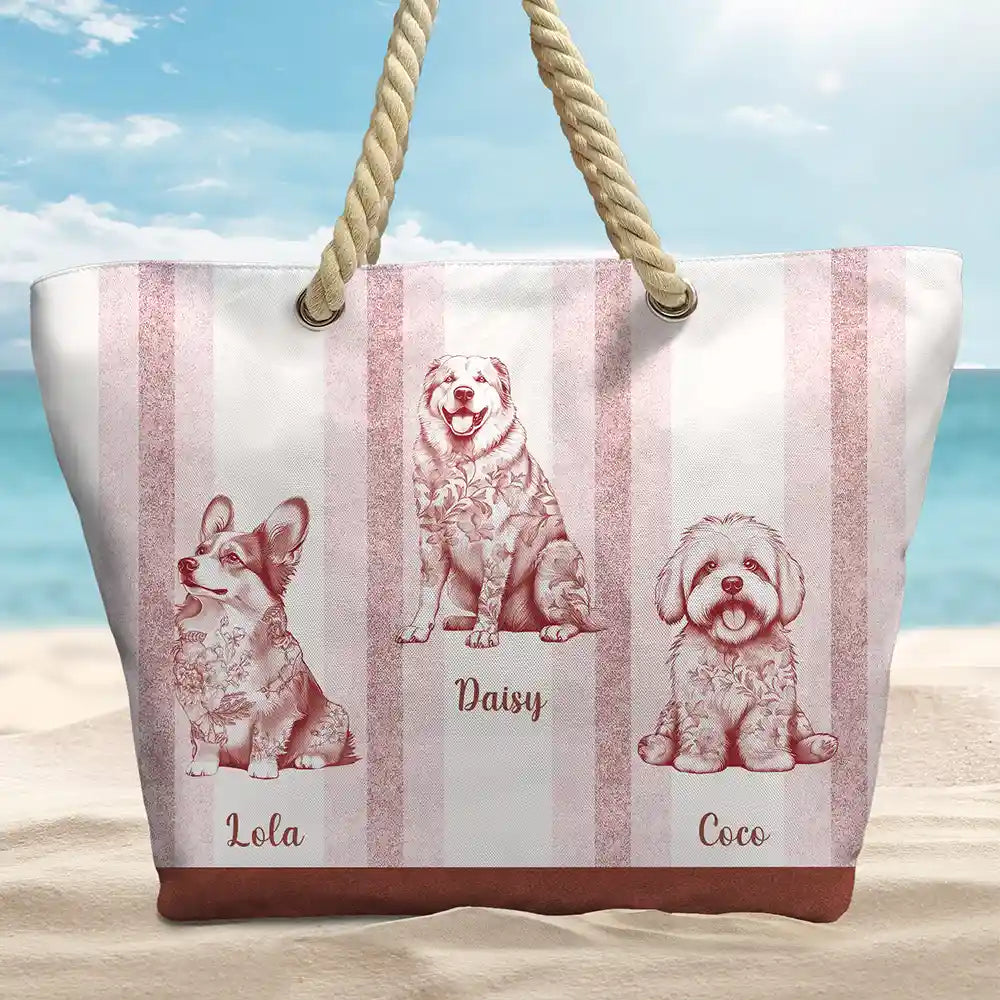 Gift For Yourself,Gift For Women,Dog Lovers,Dog Mom,Pet Lovers,Pet Mom,Summer,Happy - Chinoiserie Toile Dog On Stripes - Personalized Beach Bag