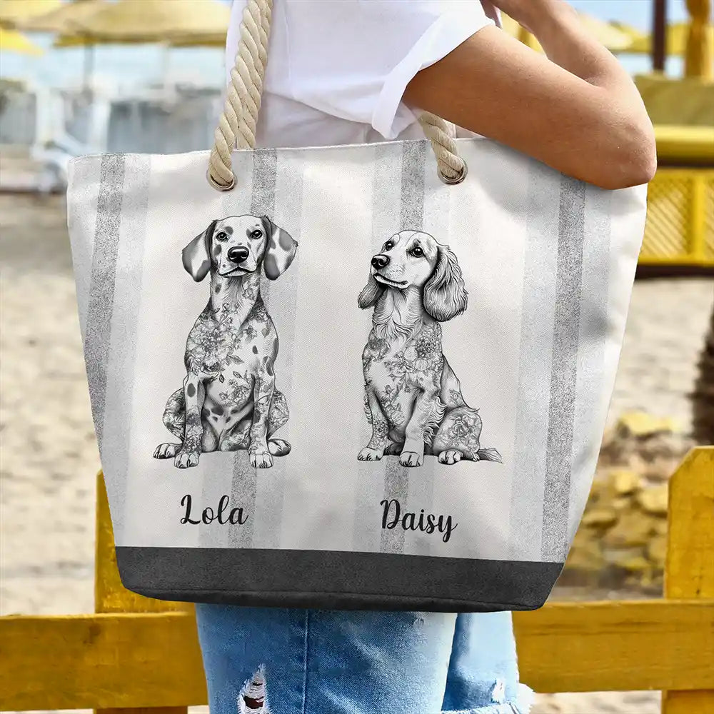 Gift For Yourself,Gift For Women,Dog Lovers,Dog Mom,Pet Lovers,Pet Mom,Summer,Happy - Chinoiserie Toile Dog On Stripes - Personalized Beach Bag