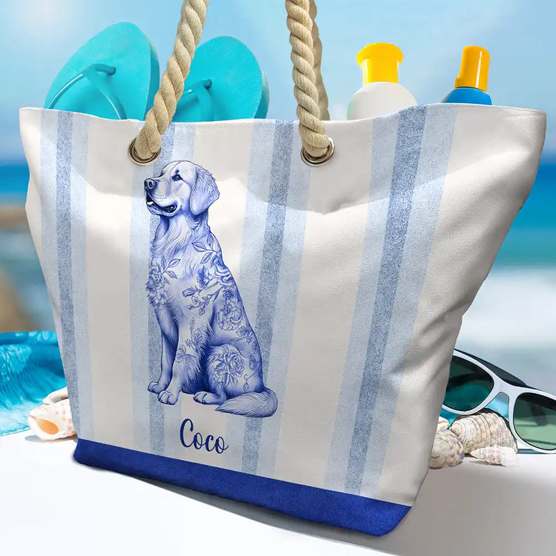 Gift For Yourself,Gift For Women,Dog Lovers,Dog Mom,Pet Lovers,Pet Mom,Summer,Happy - Chinoiserie Toile Dog On Stripes - Personalized Beach Bag